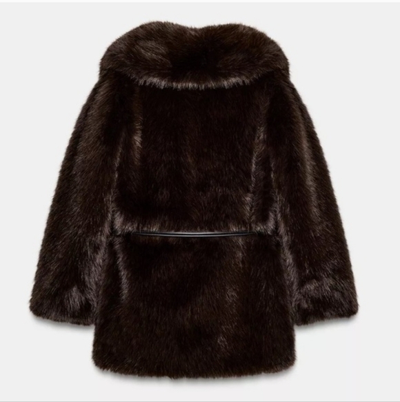 NWT Zara Faux Fur Coat With Belt in Brown - Picture 2 of 5